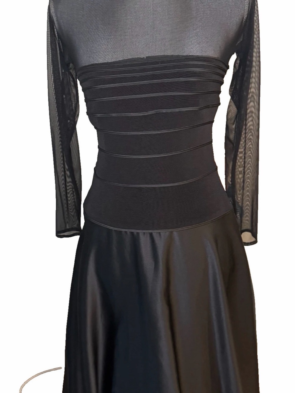 Tadashi shoji Black Long Sleeve Evening Dress with Sheer sleeves and stretchy,8 - Picture 2 of 7